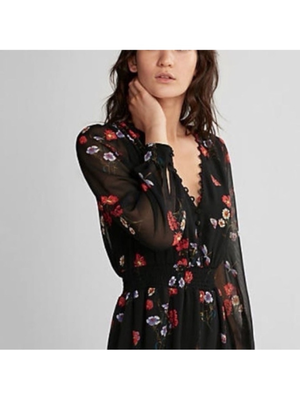Express Sheer Black Floral Button-Front Midi Dress